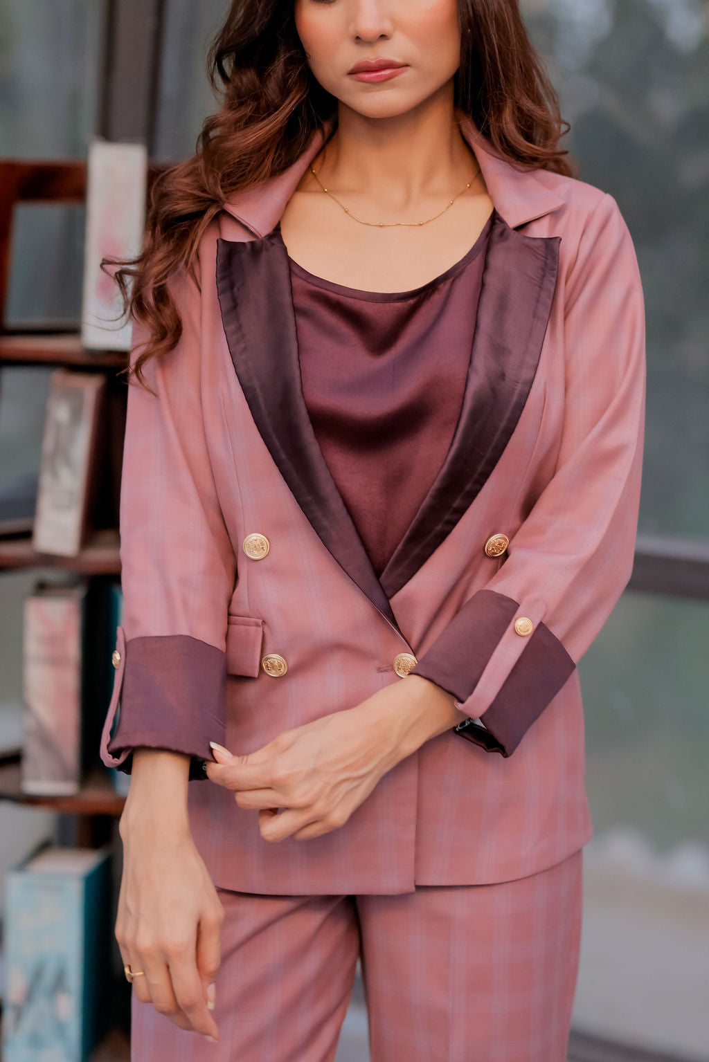 Mauve check coat with wine satin detailing with gold buttons & Pants Co ord set EWCO0039-MAUPT