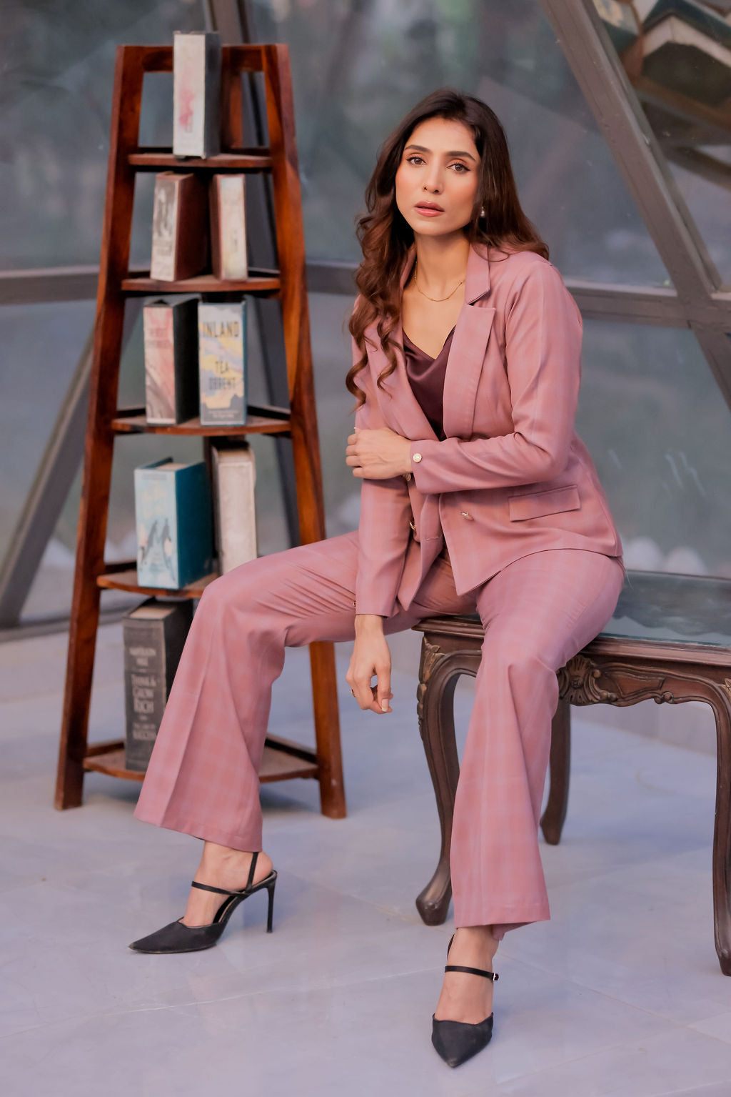 Mauve check formal pants with gold buttons detailing ESWPA0023-MAUGB