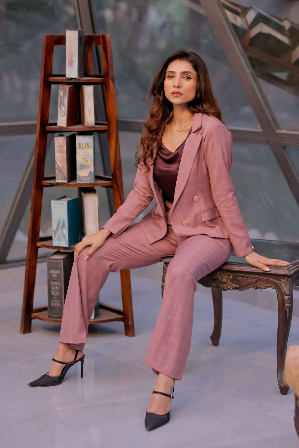 Mauve check coat with gold buttons detailing & Pants Co ord set EWCO0038-MAUPT