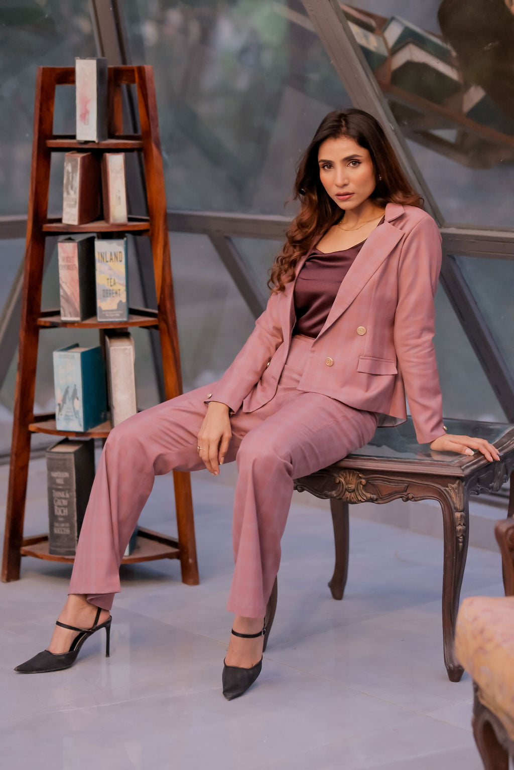 Mauve check coat with gold buttons EWCT0013-MAUGB