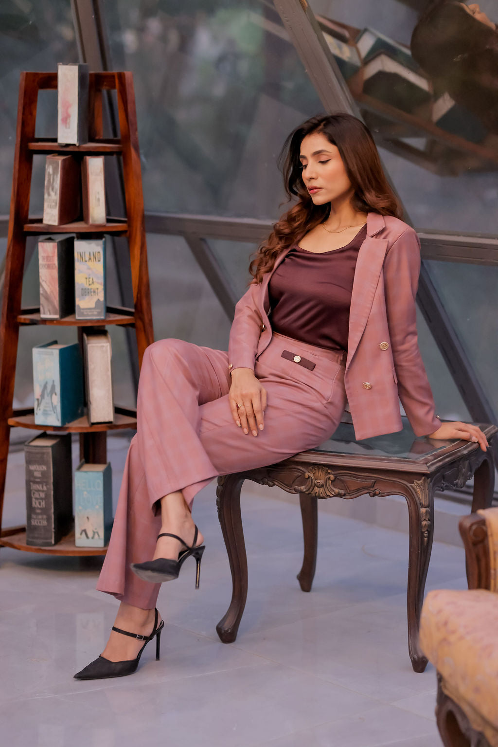 Mauve check coat with gold buttons EWCT0013-MAUGB