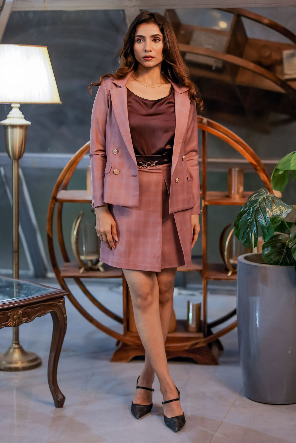 Mauve check formal skirt with gold buckle  ESWSK0009-MAUGB