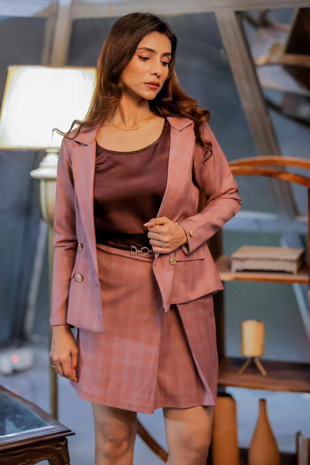 Mauve check coat with wine satin detailing with gold buttons & Skirt Co ord set EWCO0039-MAUSK