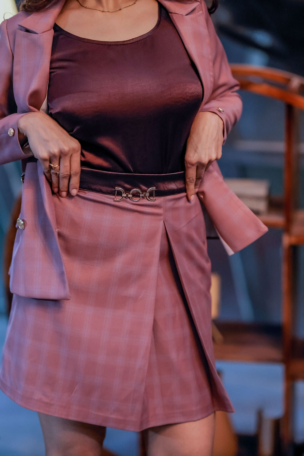 Mauve check coat with wine satin detailing with gold buttons & Skirt Co ord set EWCO0039-MAUSK
