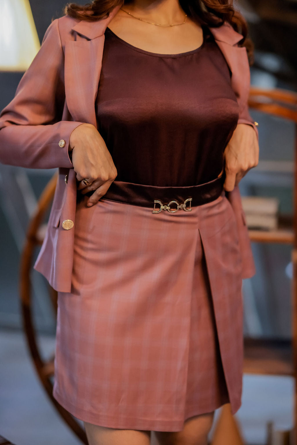 Mauve check coat with gold buttons EWCT0013-MAUGB