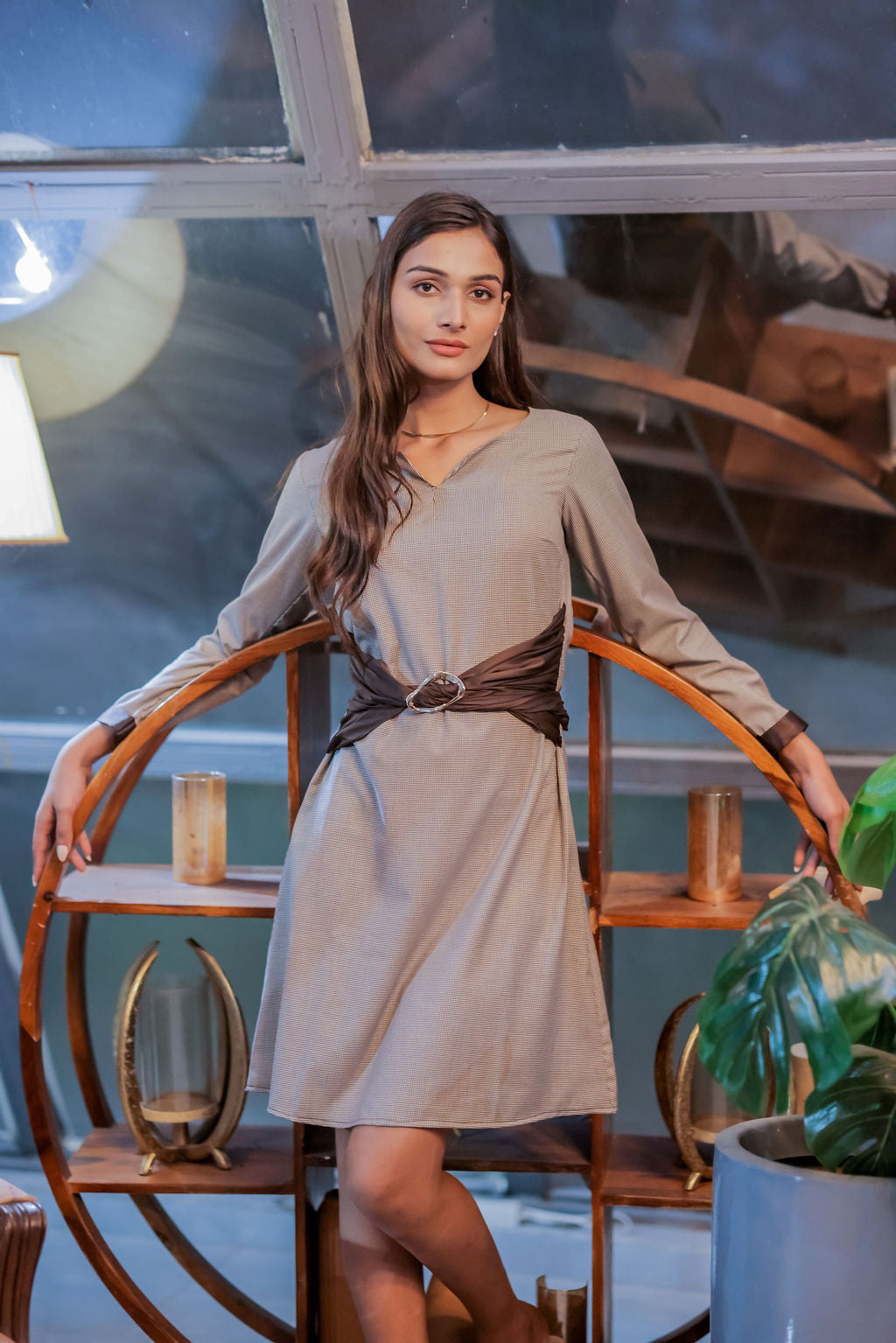 Brown houndstooth with brown satin belt and gold buckle ESWDR0029-BRWBT