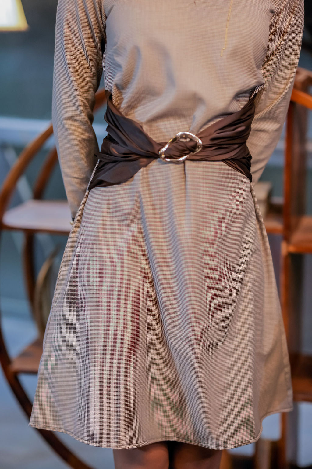 Brown houndstooth with brown satin belt and gold buckle ESWDR0029-BRWBT