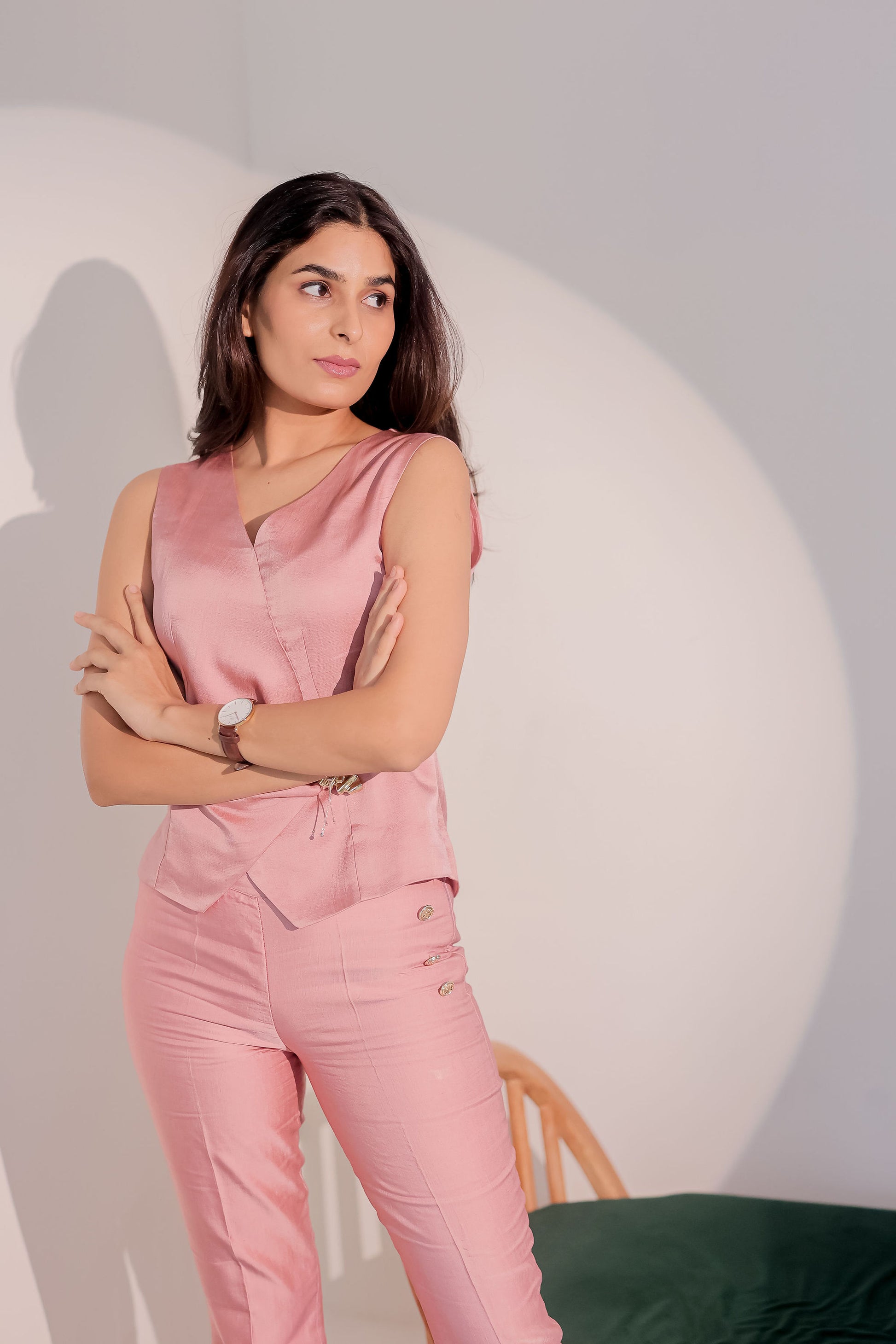 Peach linen co ord set with gold applique-Esseneur