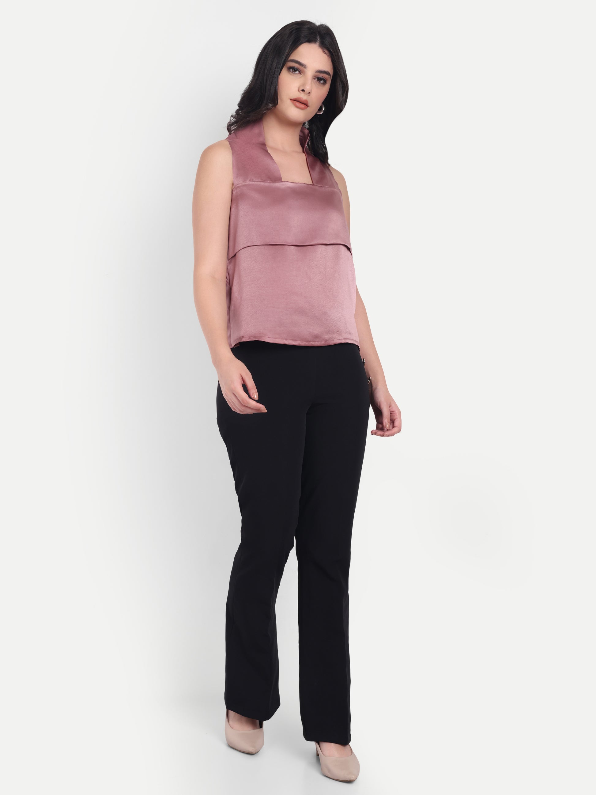 Peach boxy satin sleeveless halter neck top- esseneur. 
