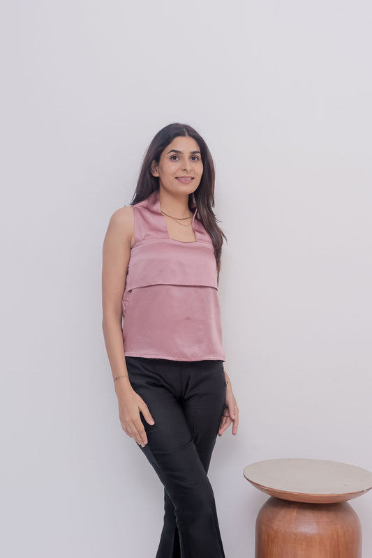 Peach boxy satin sleeveless halter neck top- esseneur.