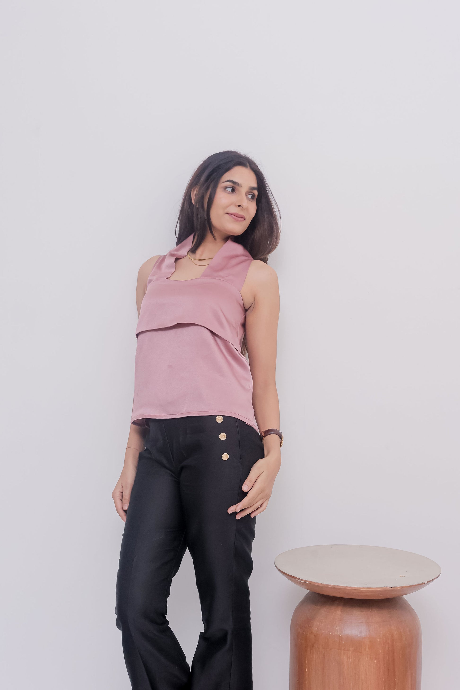 Peach boxy satin sleeveless halter neck top- esseneur.