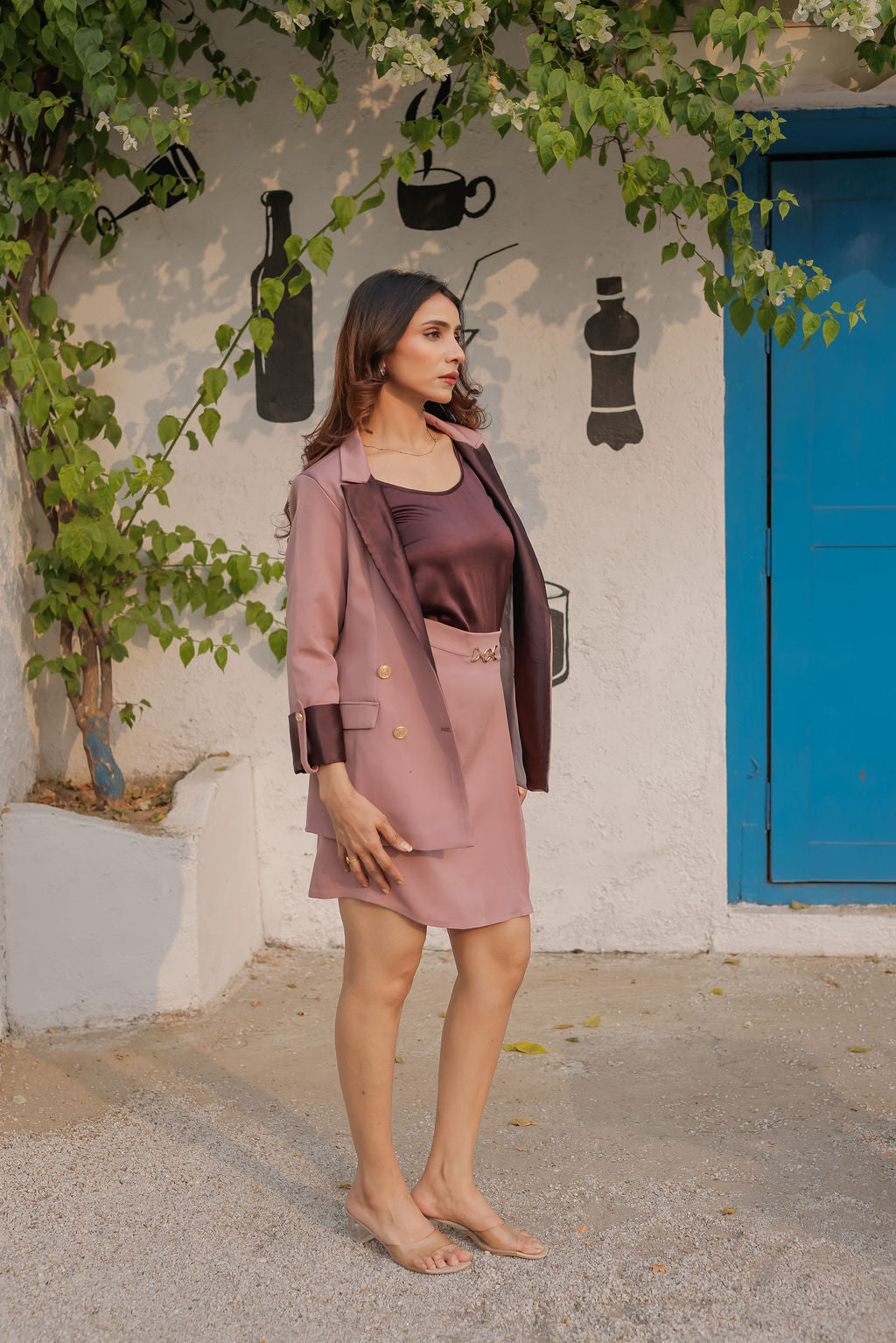 Peach crepe coat with Wine satin detailing and gold buttons & Skirt Co ord set EWCO0036-PEASK