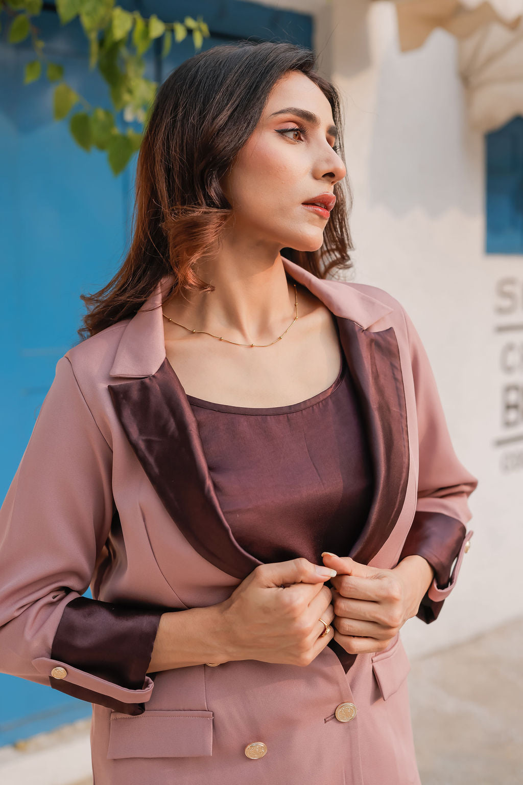 Peach crepe coat with Wine satin detailing and gold buttons & Skirt Co ord set EWCO0036-PEASK