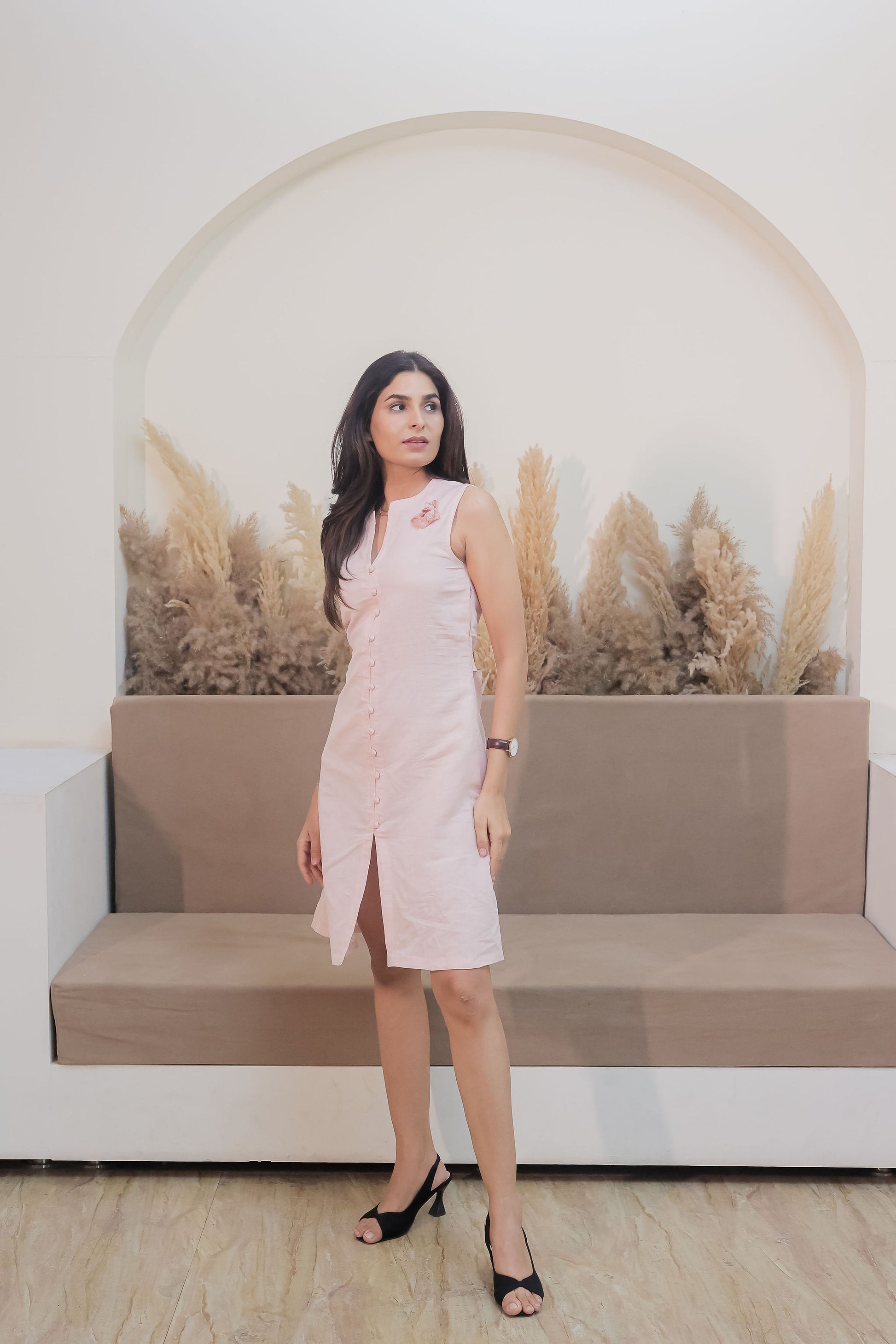Peach linen dress with flower detailing-Esseneur