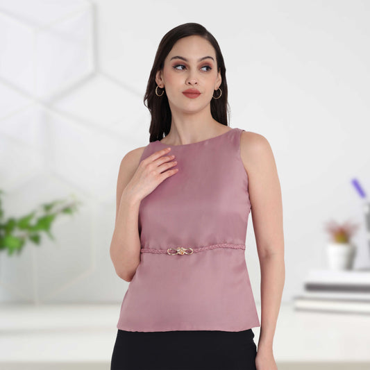 Pink organza top with knotted belt EWTP0011-PNKBL