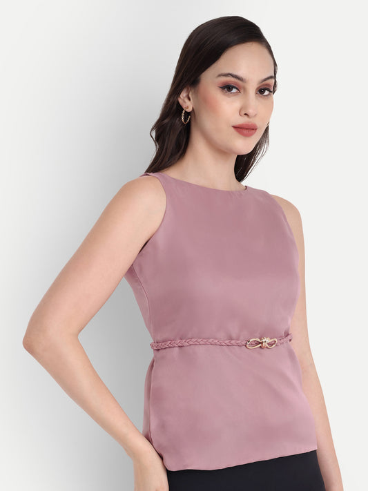 Pink organza top with knotted belt EWTP0011-PNKBL