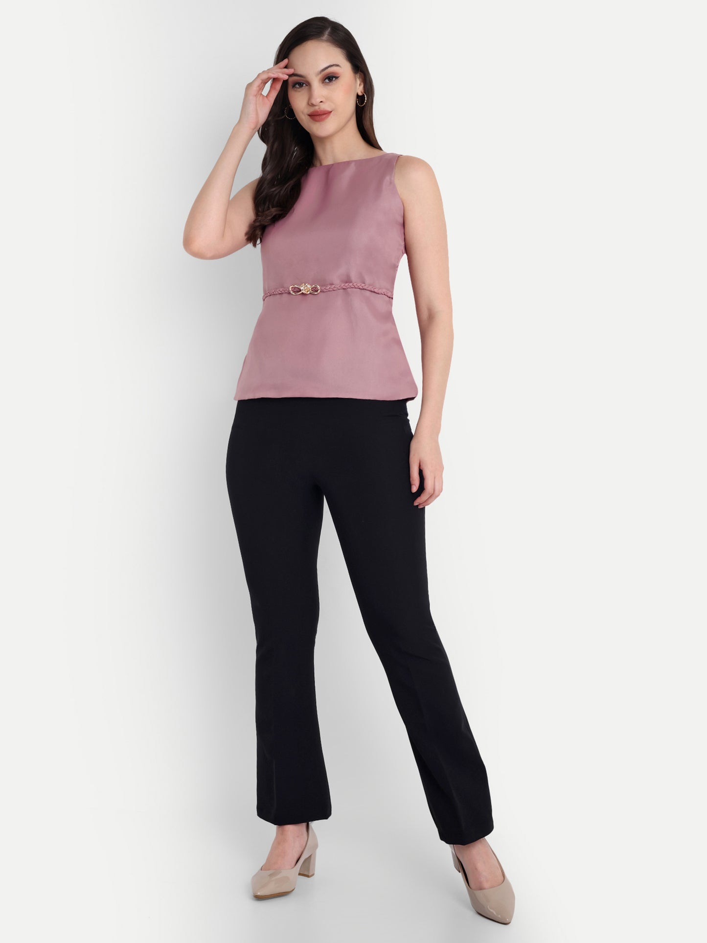 Pink organza top with knotted belt EWTP0011-PNKBL