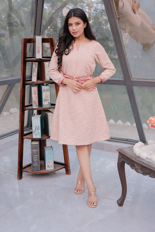 Peach tweed dress with satin belt with gold buckle  ESWDR0028-PEABT