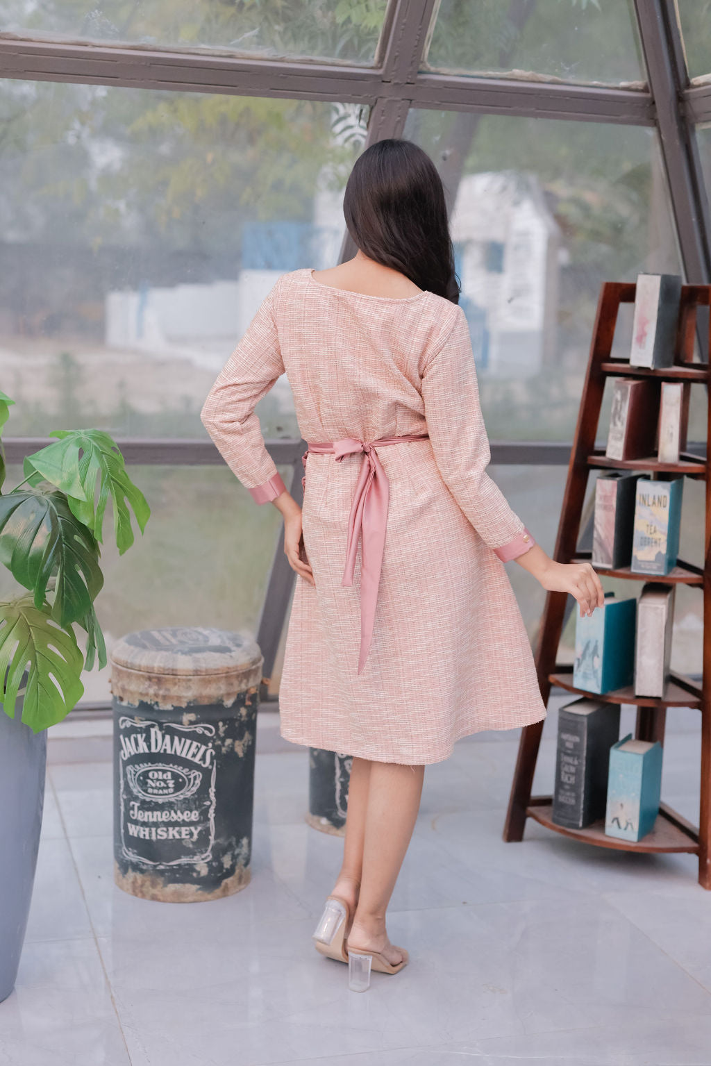 Peach tweed dress with satin belt with gold buckle  ESWDR0028-PEABT