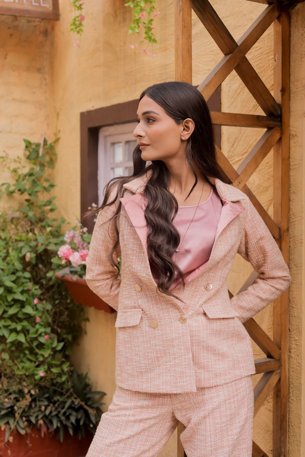 Peach tweed fabric coat with gold buttons detailing & Pants Co ord set EWCO0045-PEAPT