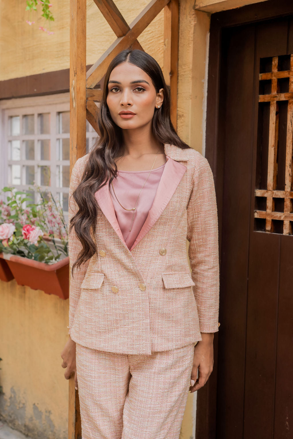 Peach tweed fabric coat with gold buttons detailing & Pants Co ord set EWCO0045-PEAPT