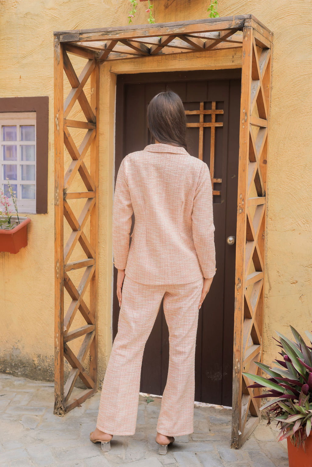 Peach tweed fabric coat with gold buttons detailing & Pants Co ord set EWCO0045-PEAPT