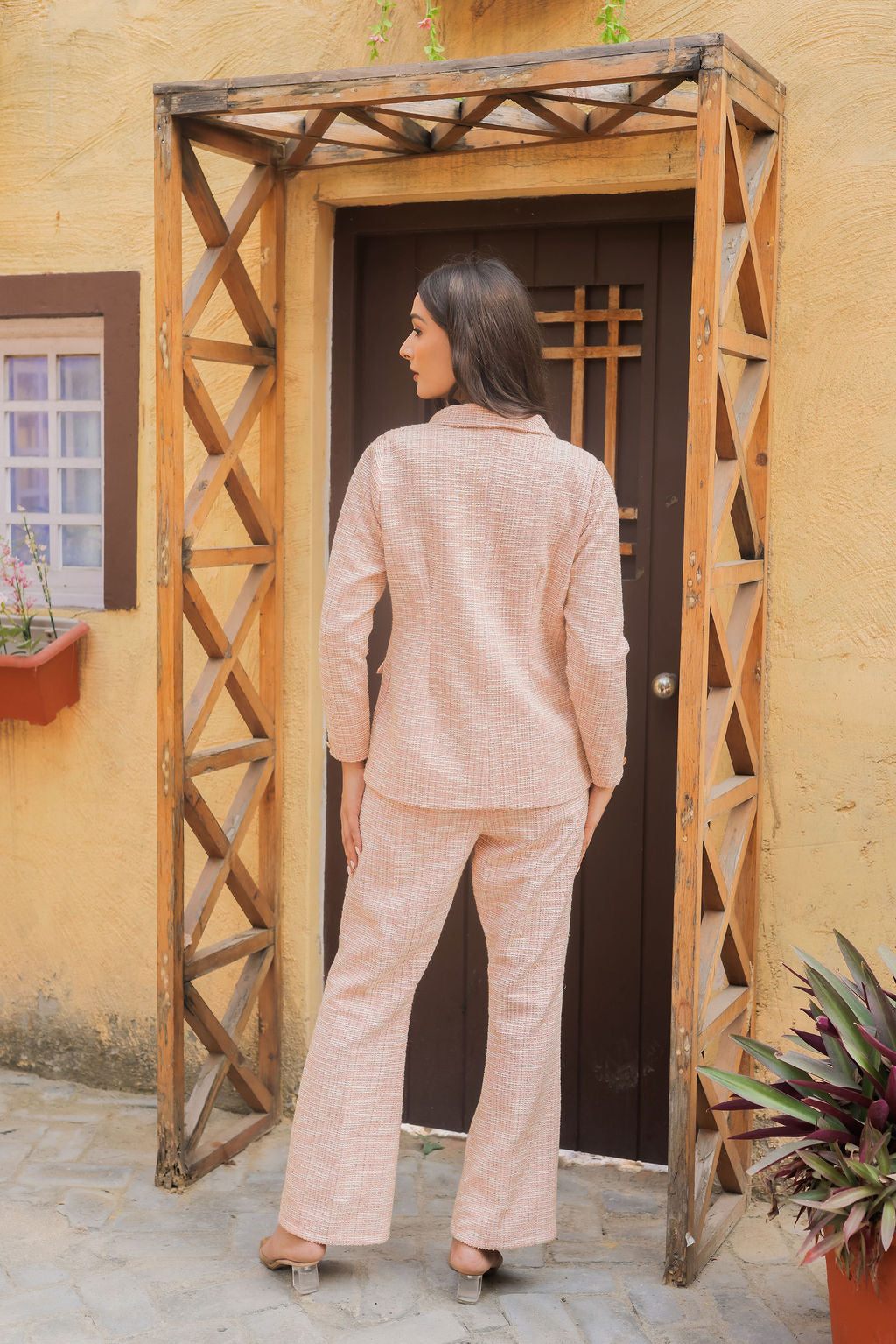 Peach tweed fabric coat with gold buttons detailing & Pants Co ord set EWCO0045-PEAPT