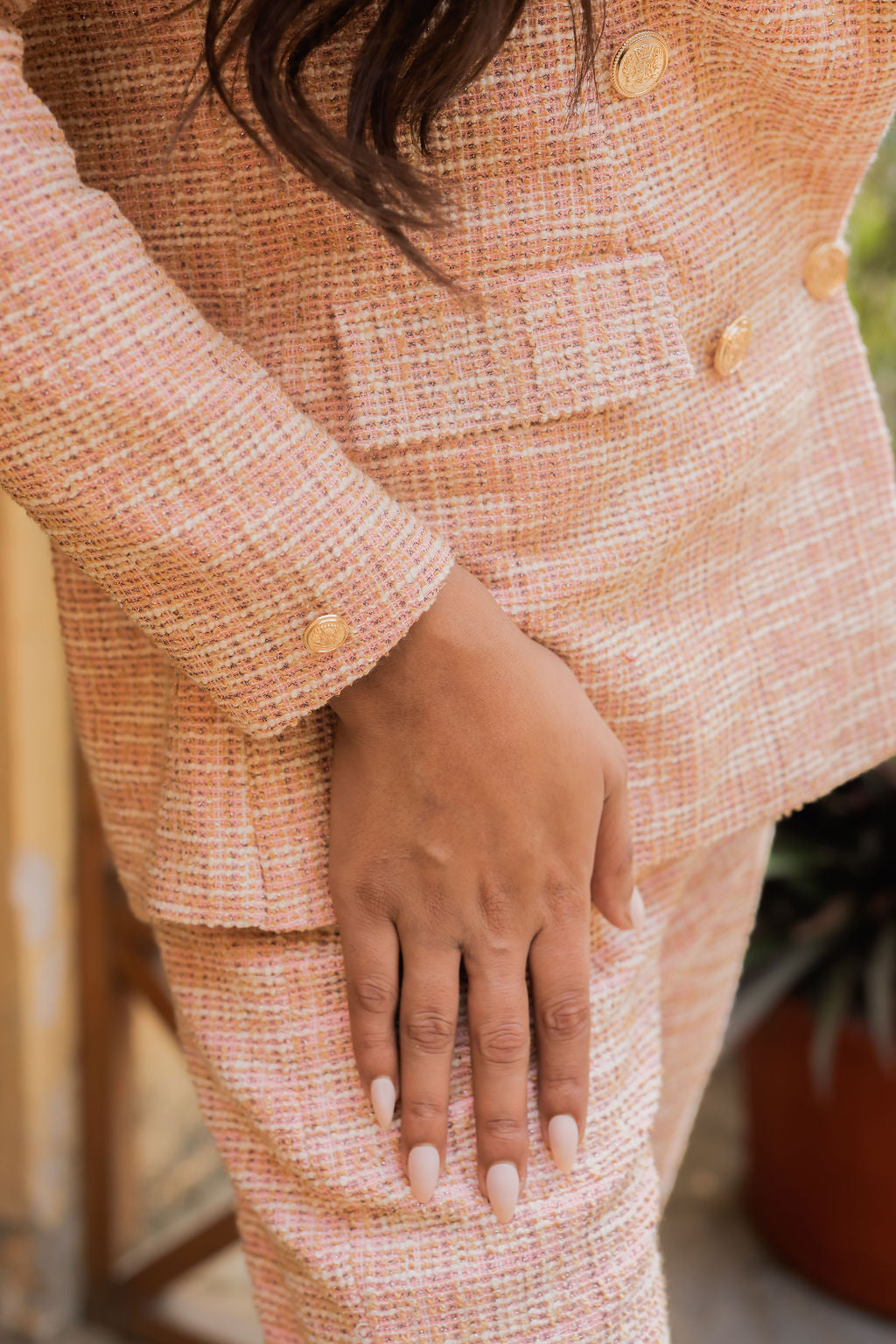 Peach tweed fabric coat with gold buttons detailing EWCT0020-PEAGB