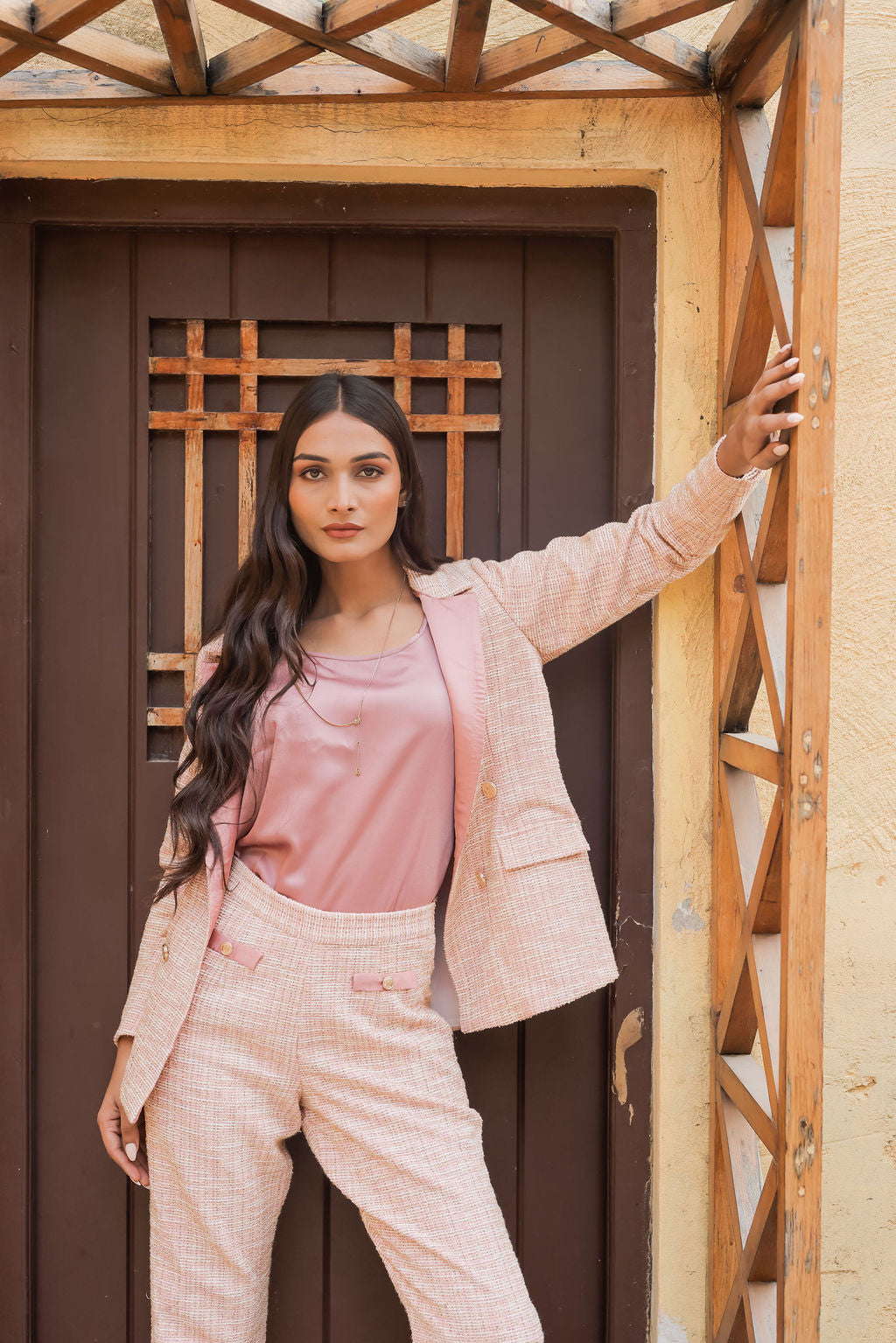 Peach tweed fabric coat with gold buttons detailing & Pants Co ord set EWCO0045-PEAPT