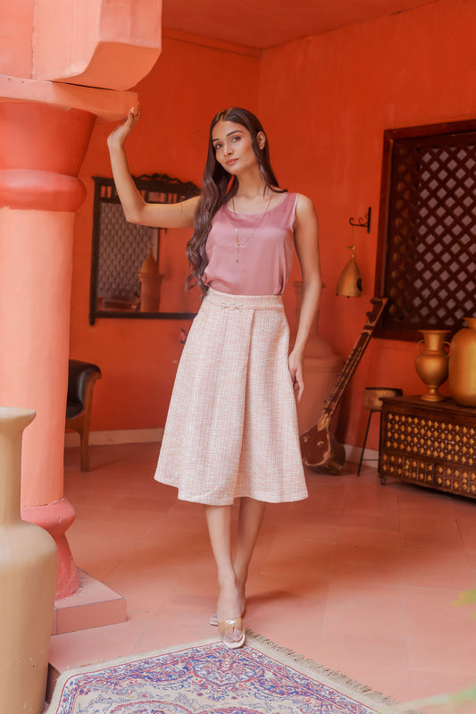 Peach tweed long skirt with gold buckle detailing ESWSK0016-PEAGB
