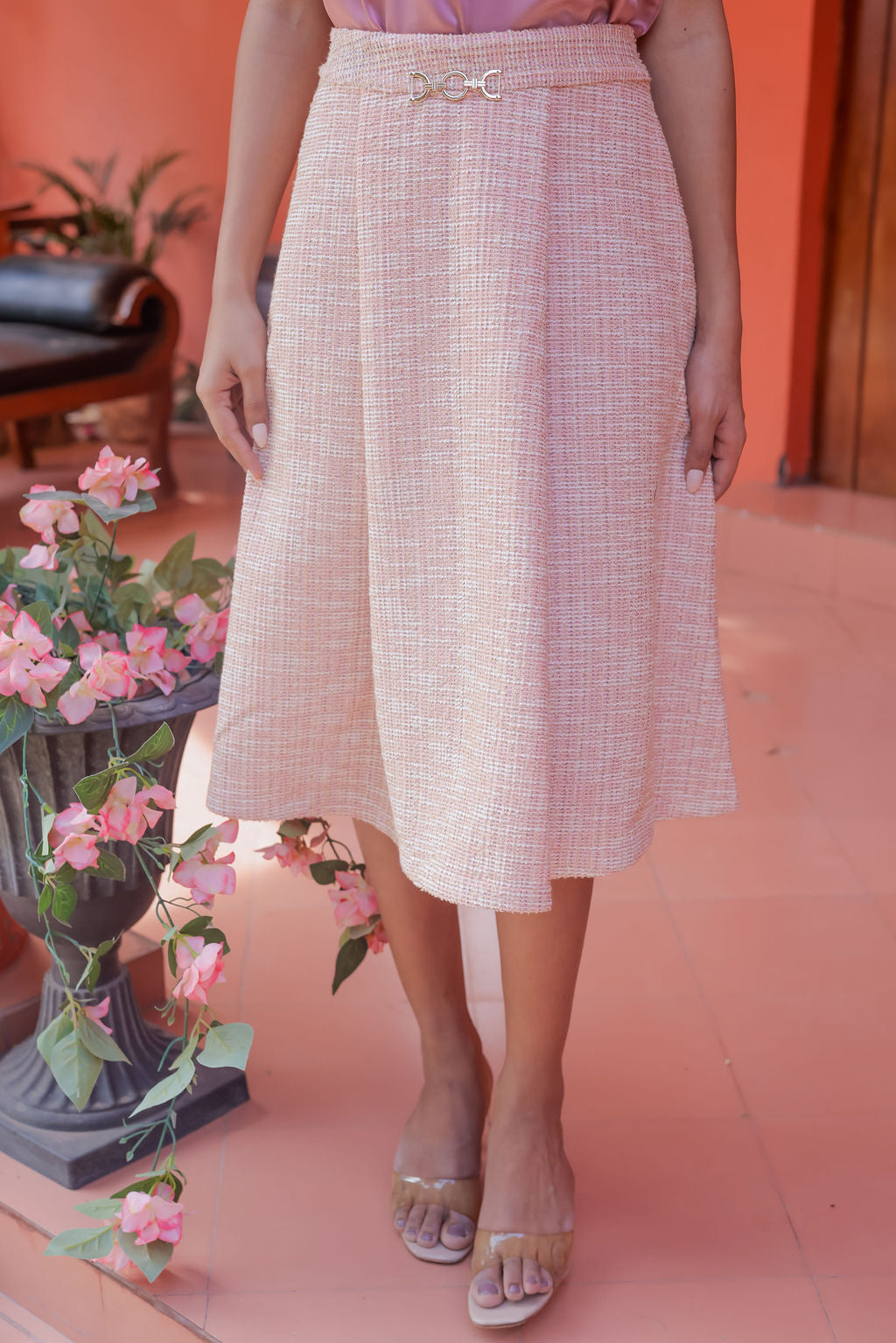 Peach tweed long skirt with gold buckle detailing ESWSK0016-PEAGB