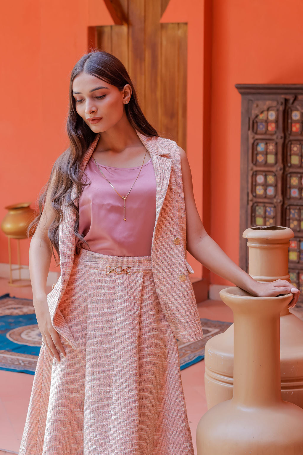 Peach tweed long skirt with gold buckle detailing ESWSK0016-PEAGB