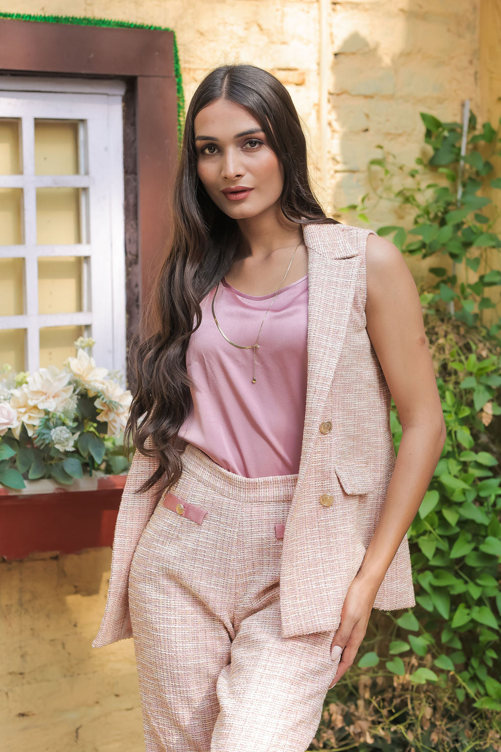 Peach tweed pants with gold buttons ESWPA0031-PEAGB