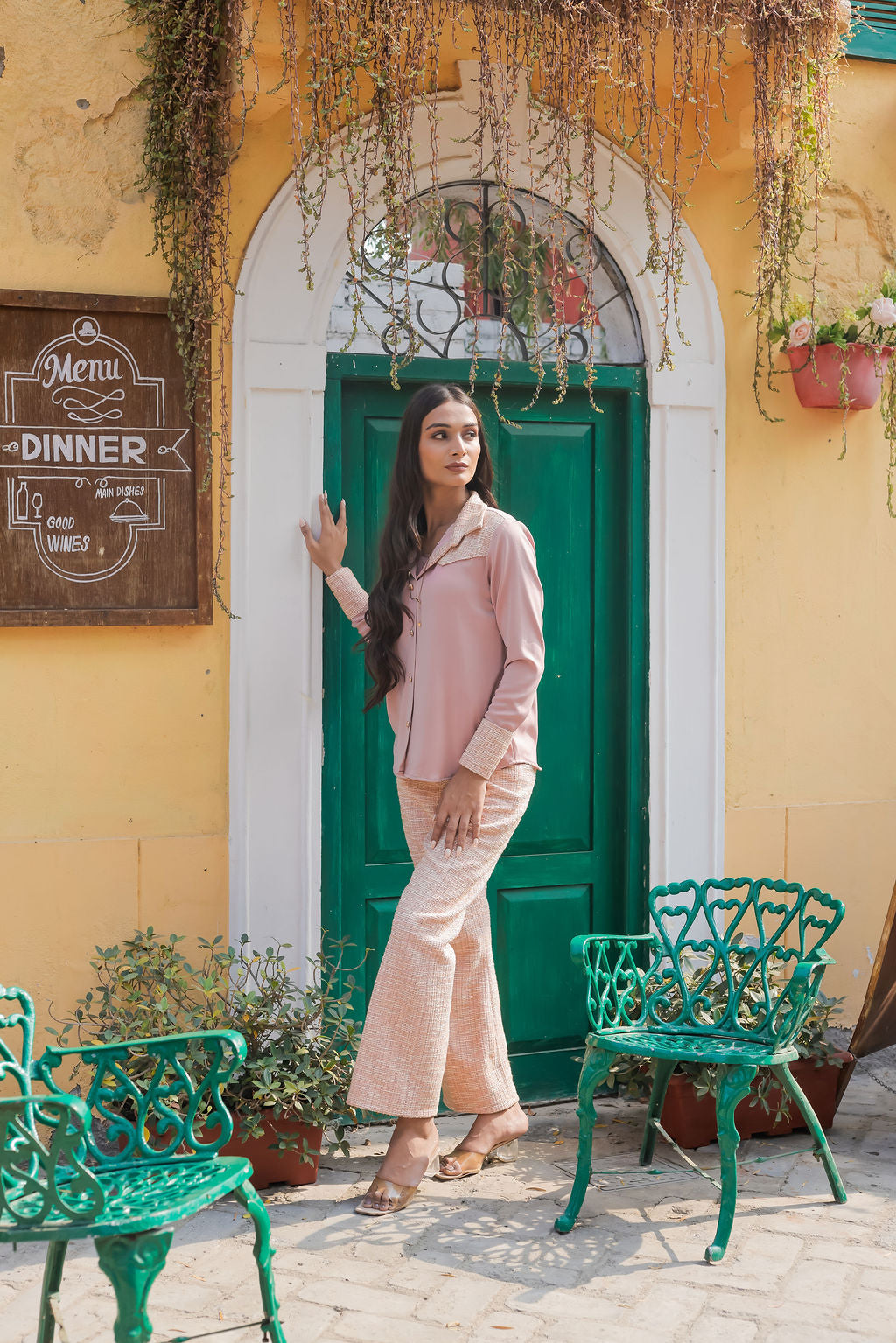 Peach tweed shirt with pants with gold buttons Co Ord Set ESWSH0023-PEAGB