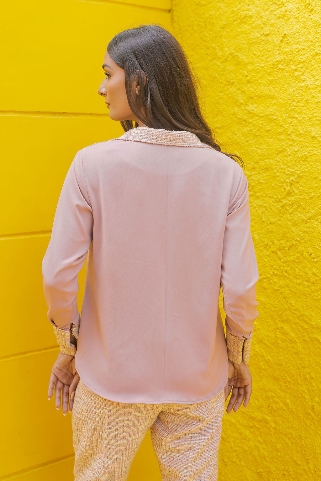 Peach tweed shirt with pants with gold buttons Co Ord Set ESWSH0023-PEAGB