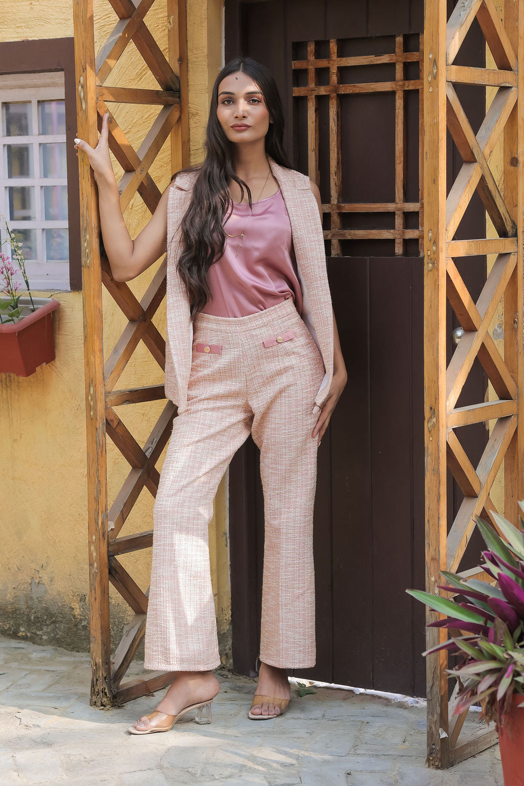 Peach tweed waistcoat with gold buttons  ESWWT0003-PEAGB