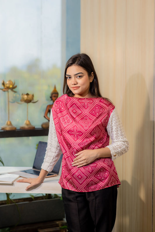 Pink Jaipuri top with white crotia sleeves and  gold buttons-Esseneur