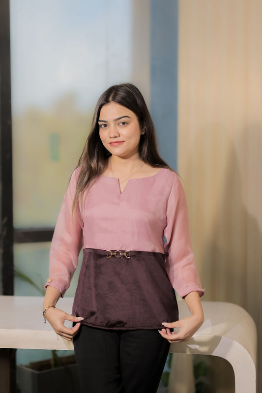 Pink organza top with half velvet and gold buckle with quarter sleeves - esseneur. 