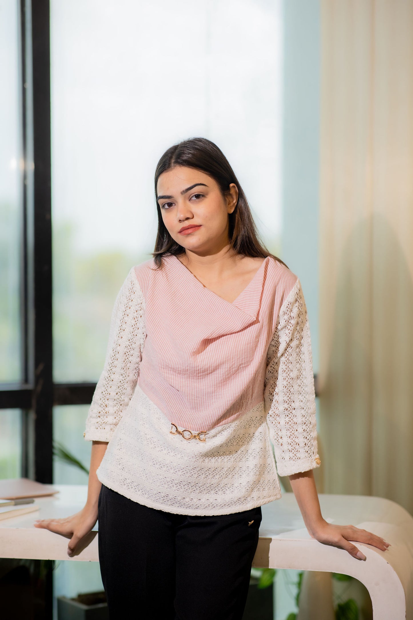 Pink striped top with crotia fabric gold buckle and quarter sleeves- esseneur.