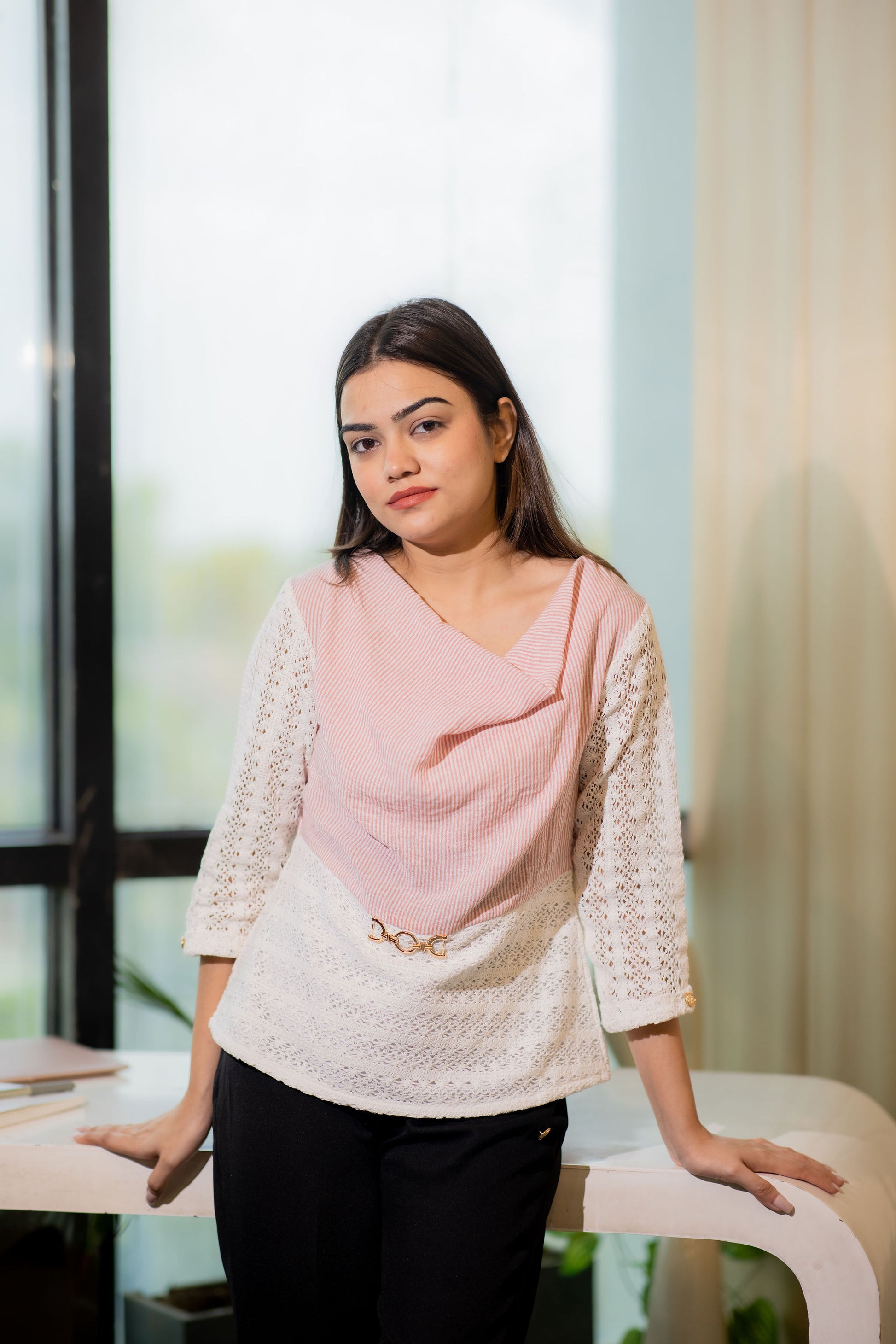 Pink striped top with crotia fabric gold buckle and quarter sleeves- esseneur.