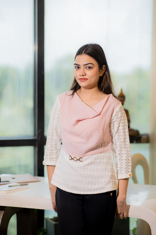 Pink striped top with crotia fabric gold buckle and quarter sleeves- esseneur.