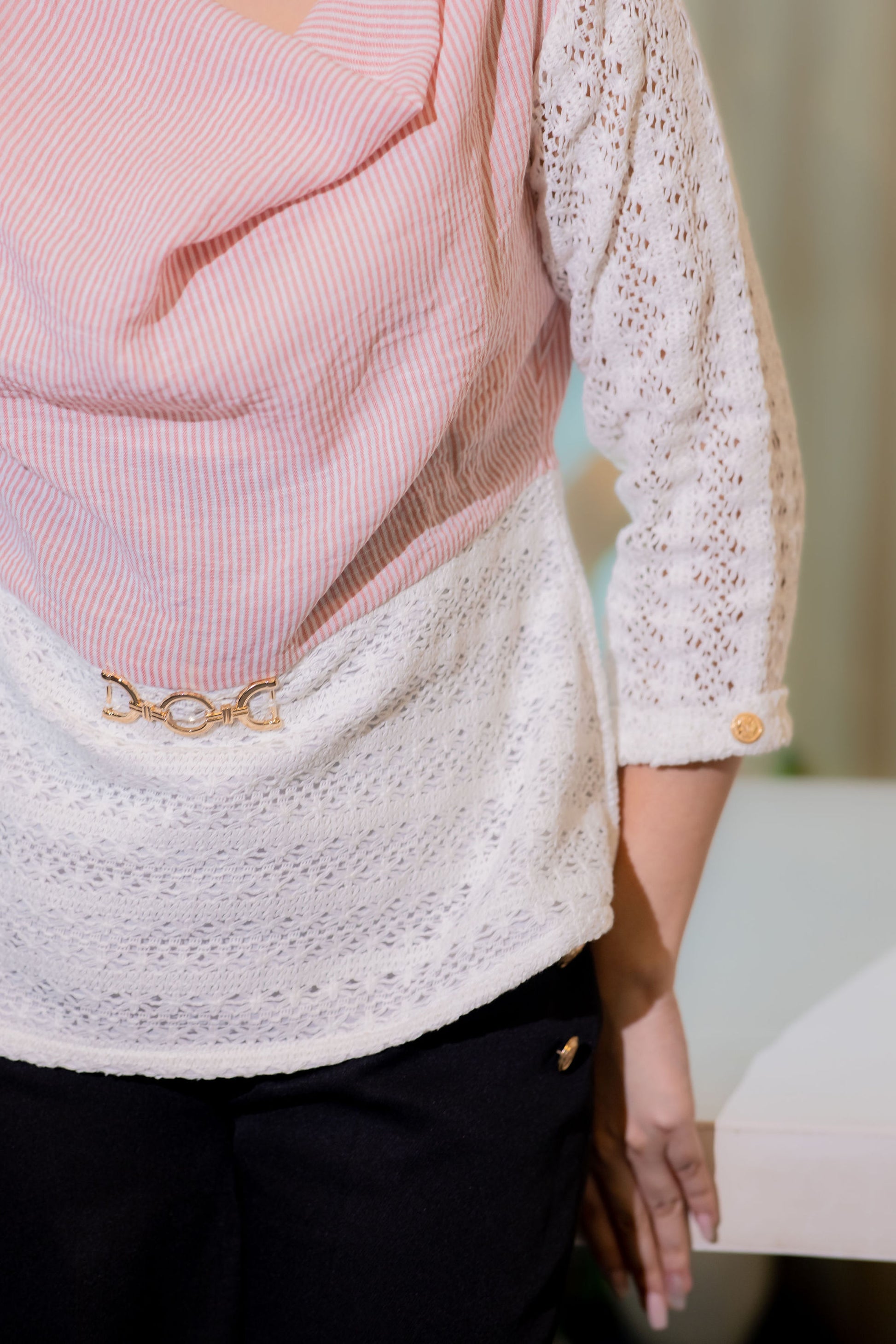 Pink striped top with crotia fabric gold buckle and quarter sleeves- esseneur.