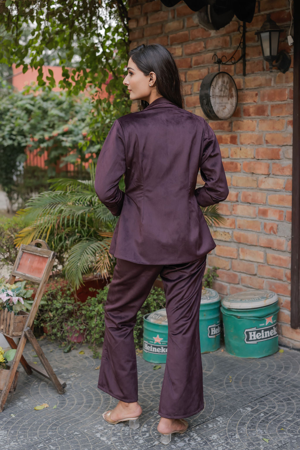 Purple velvet coat with gold detailing buttons EWCT0009-PURGB