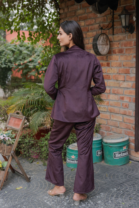 Purple velvet coat with gold detailing buttons & Pants Co ord set EWCO0034-PURPT