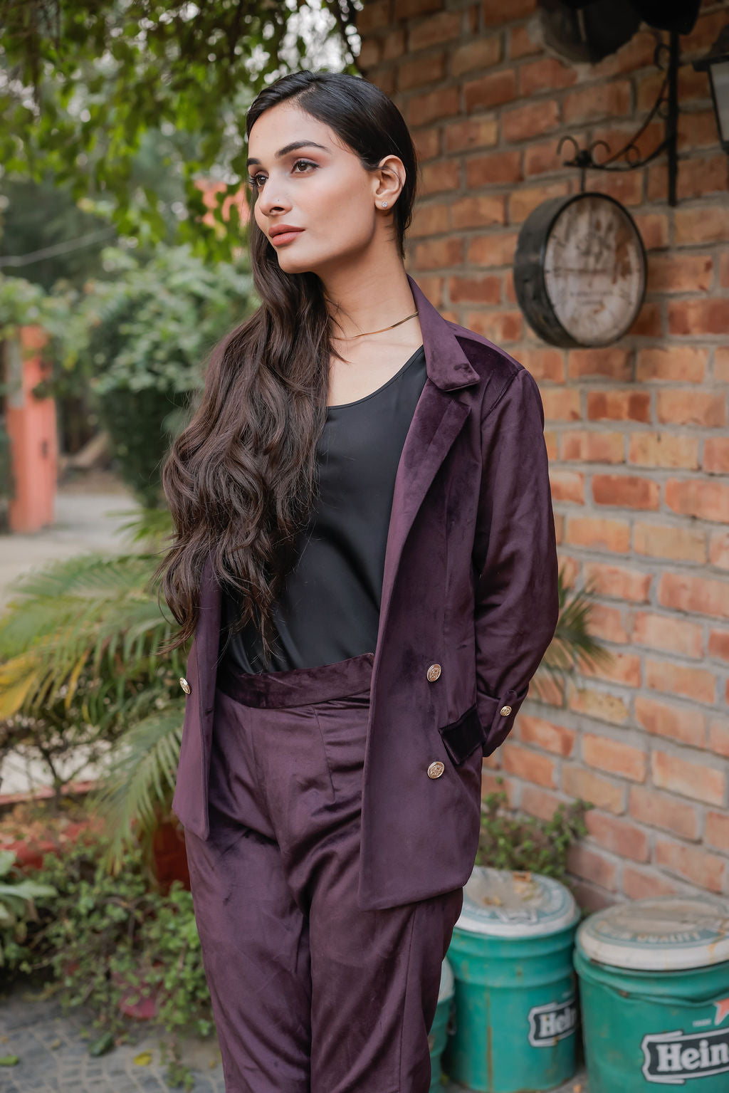 Purple velvet coat with gold detailing buttons EWCT0009-PURGB