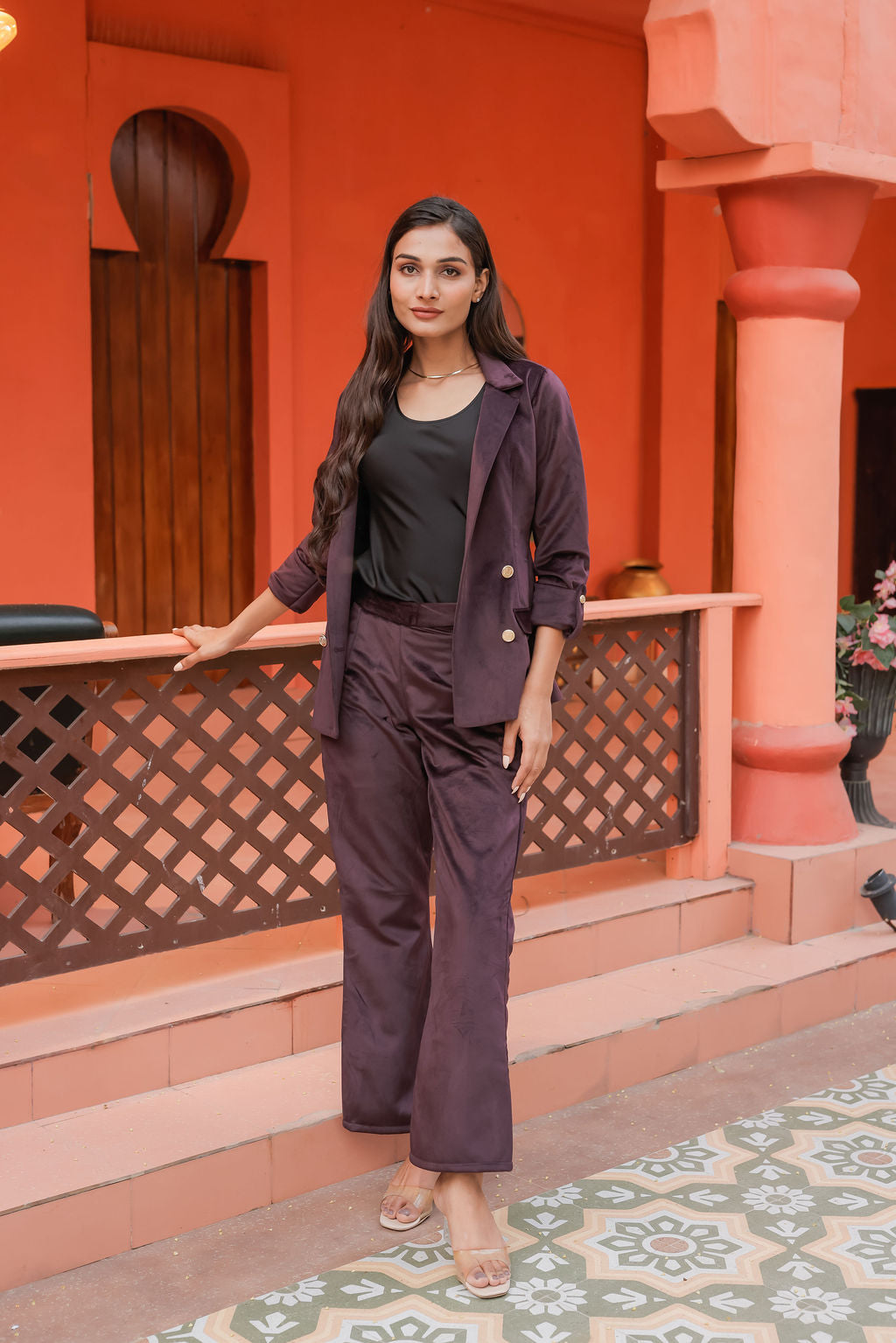 Purple velvet coat with gold detailing buttons EWCT0009-PURGB