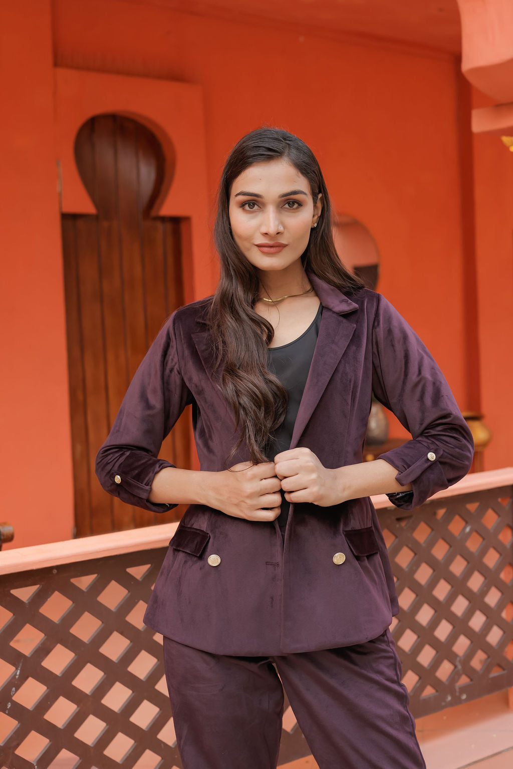 Purple velvet coat with gold detailing buttons EWCT0009-PURGB