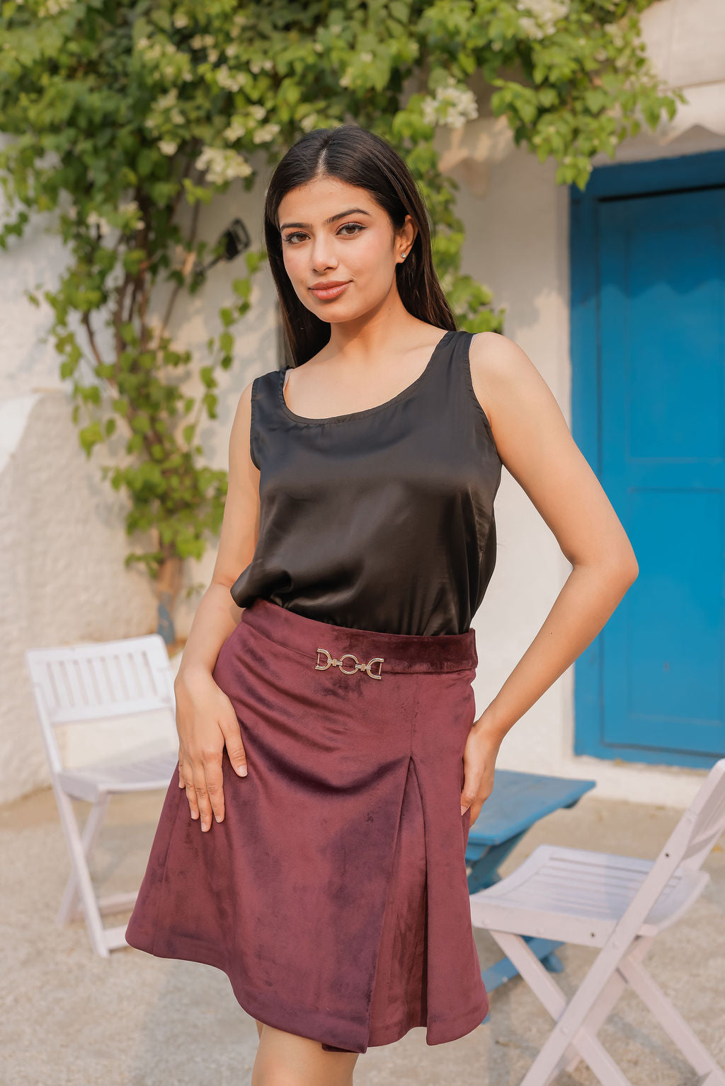 Purple velvet coat with gold detailing buttons & Skirt Co ord set EWCO0034-PURSK