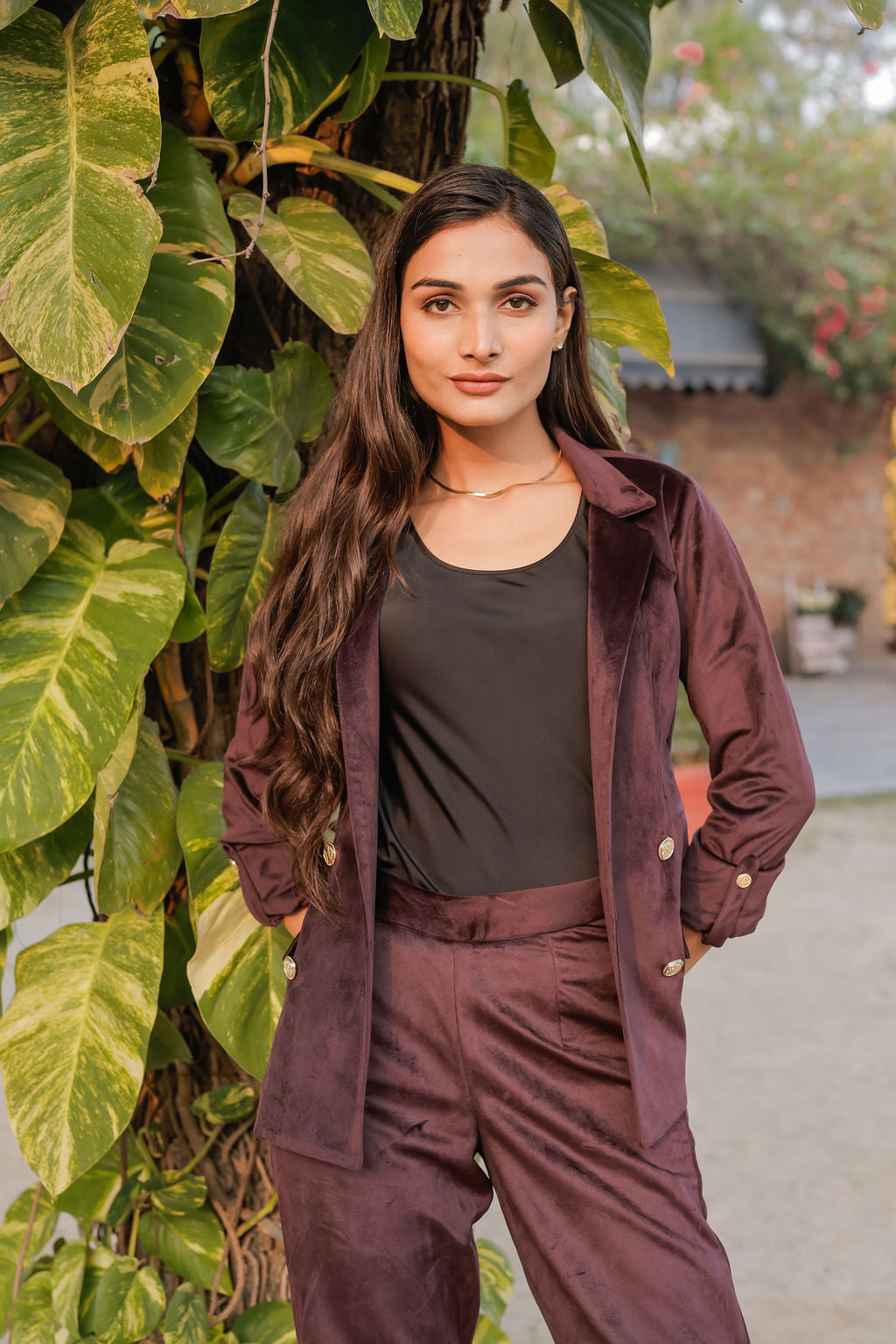 Purple velvet straight pants with gold buttons detailing ESWPA0028-PURGB