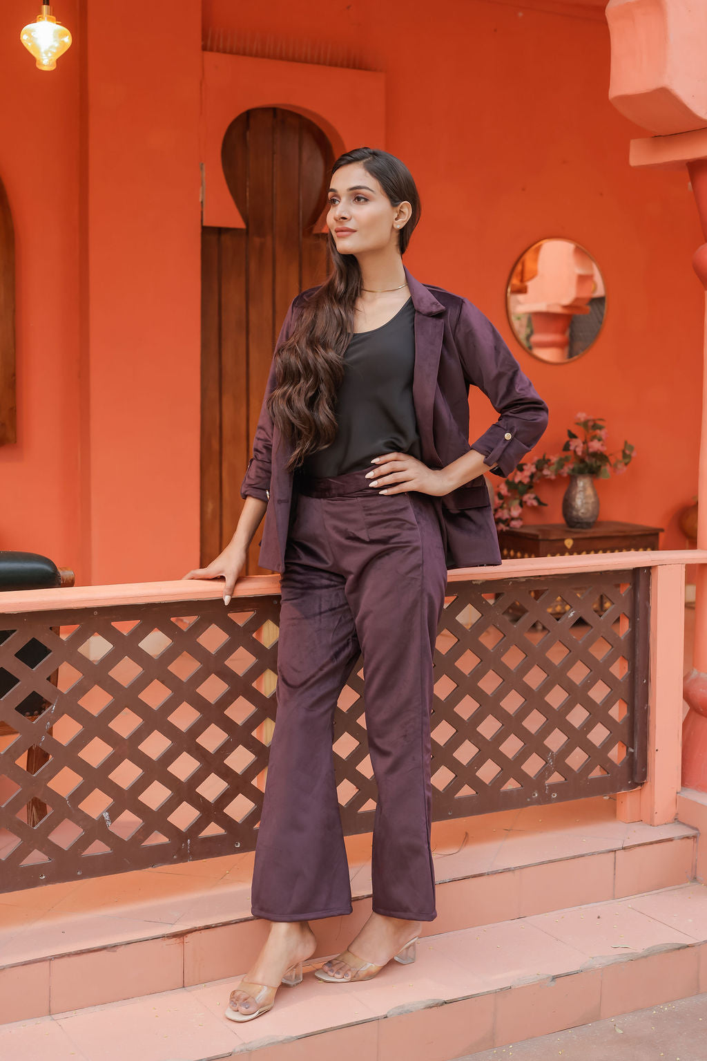 Purple velvet straight pants with gold buttons detailing ESWPA0028-PURGB